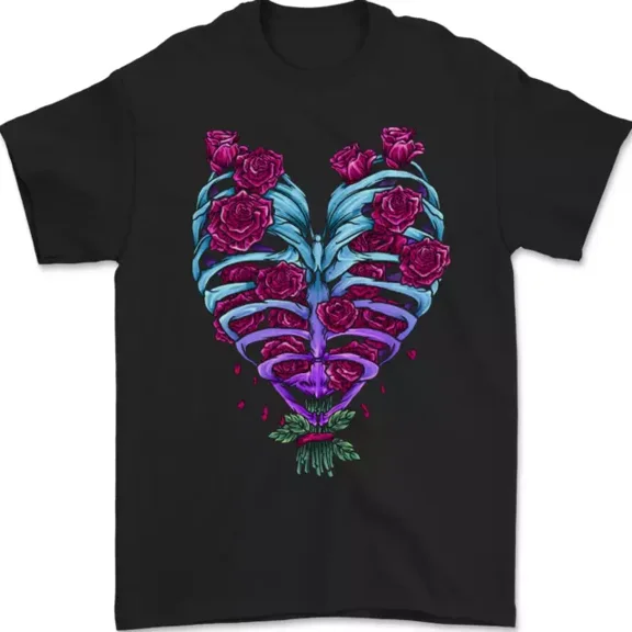 Kiraa Tee With A Gothic Heart With Roses Skull Mens Womens S-5Xl T-Shirt