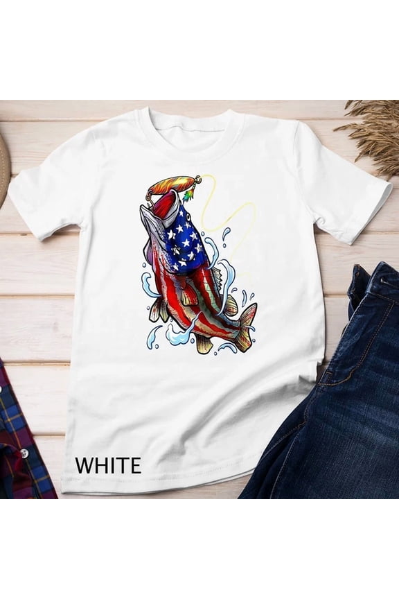 Tee With Bass Fishing Fish American Flag Dad Father Fourth Of July Unisex T-Shirt Birthday Gifts; For Men & Women
