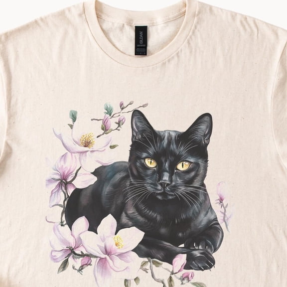 Kiraa Tee With Black Cat Shirt Floral Tee Natural Beige Color Cotton Cat Garden Lover Shirt Birthday Gifts; For Men & Women