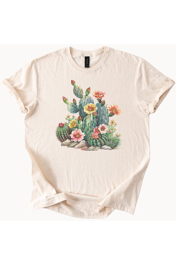 Tee With Blooming Cactus Graphic Tee Desert Flower Shirt Succulent Top Birthday Gifts; For Men & Women