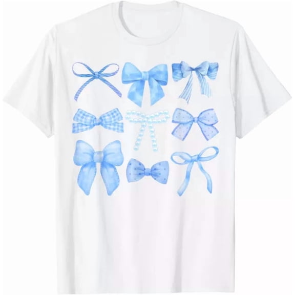 Kiraa Tee With Blue Bow And Ribbon Cute Graphic Girls Women Coquette Mom T-Shirt Birthday Gifts; For Men & Women
