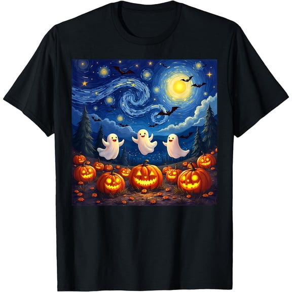 Kiraa Tee With Boo Ghost Halowen Pumpkin Starry Night Van Gogh Men Unisex S-5Xl T-Shirt