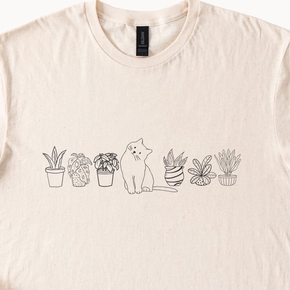 Kiraa Tee With Cat And Plants T-Shirt Cute Feline Lover Tee Houseplant Graphic Shirt Birthday Gifts; For Men & Women