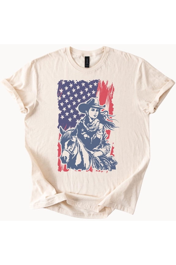 Tee With Cowgirl Horse American Flag Tshirt Patriotic Western Tee Birthday Gifts; For Men & Women