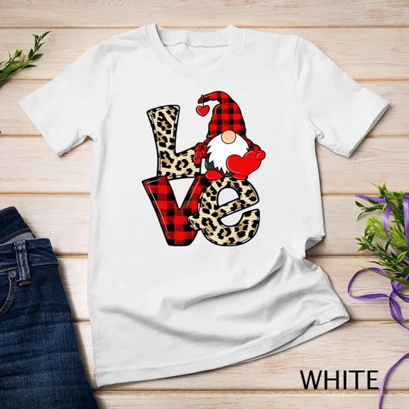 Kiraa Tee With Cute Gnomes Valentines Love Leopard Plaid Couple Matching Unisex S-5Xl T-Shirt Birthday Gifts; For Men & Women