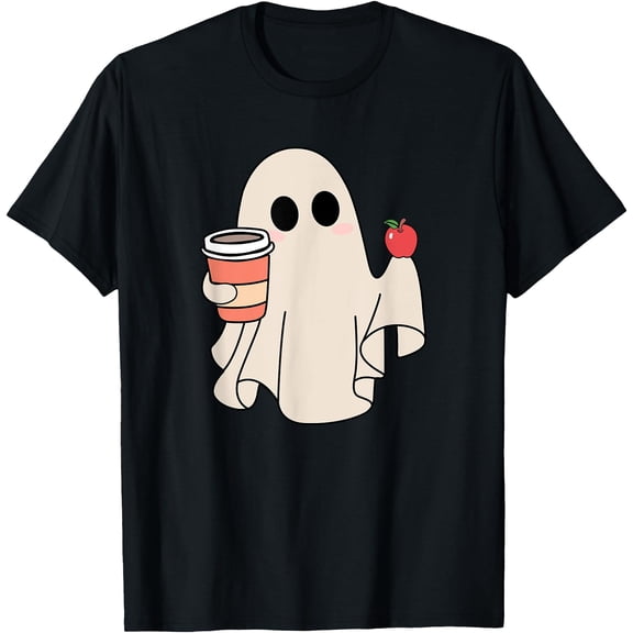 Kiraa Tee With Cute Little Ghost With Coffee & Apple Spooky Season Teacher Unisex S-5Xl T-Shirt