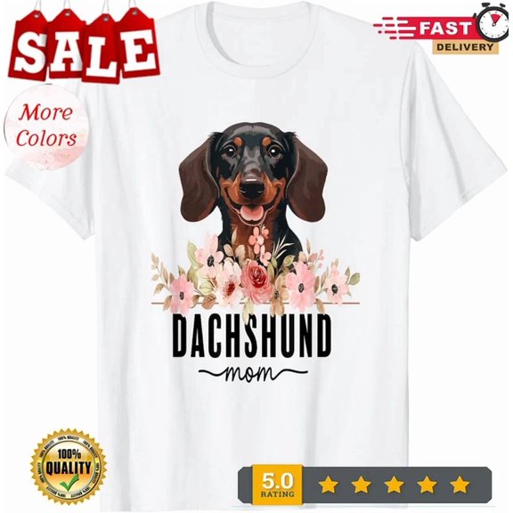 Kiraa Tee With Dachshund With Flowers Dog Mom Cute Pet Owner Lover T-Shirt Birthday Gifts; For Men & Women