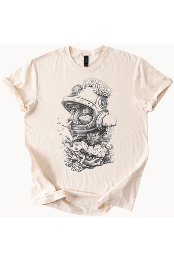 Tee With Deep Sea Diver Helmet With Coral Reef Mermaid And Jellyfish Ocean Nature Graphic Shirt Birthday Gifts; For Men & Women