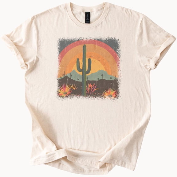 Kiraa Tee With Desert Cactus Sunset Graphic Tee Retro Style Shirt Birthday Gifts; For Men & Women