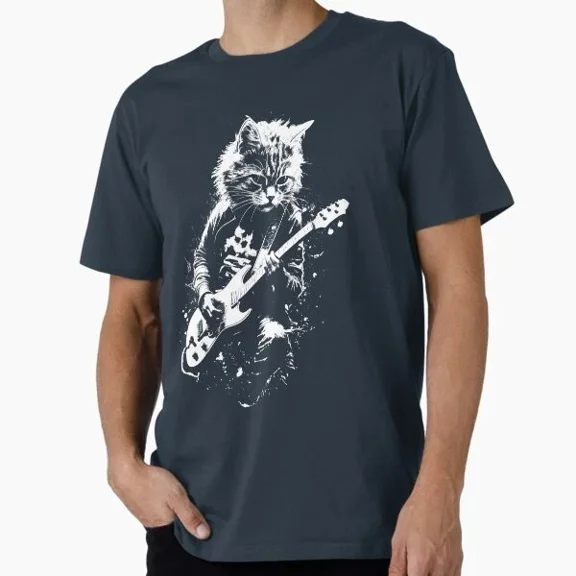 Kiraa Tee With Distressed Cat Playing Guitar Punk Rock & Roll Gru T-Shirt S-5Xl