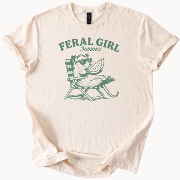 Kiraa Tee With Feral Girl Summer Opossum T-Shirt Funny Summer Tee Beach Chair Watermelon Graphic Top Birthday Gifts; For Men & Women
