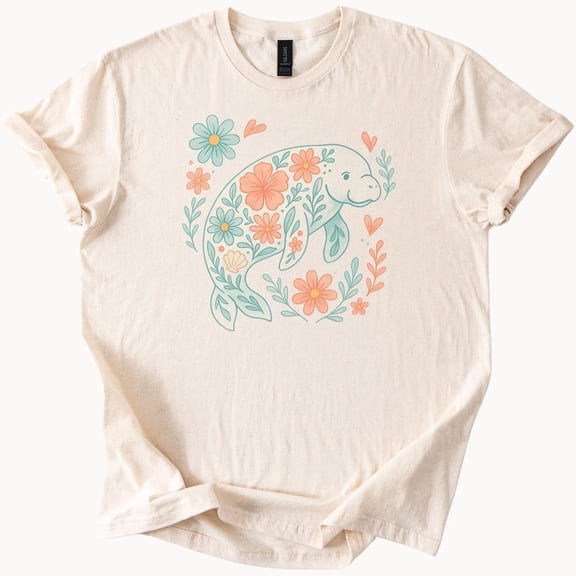 Kiraa Tee With Floral Manatee T-Shirt Cute Sea Cow Graphic Tee Ocean Lover Gift Manatee Design Shirt Birthday Gifts; For Men & Women