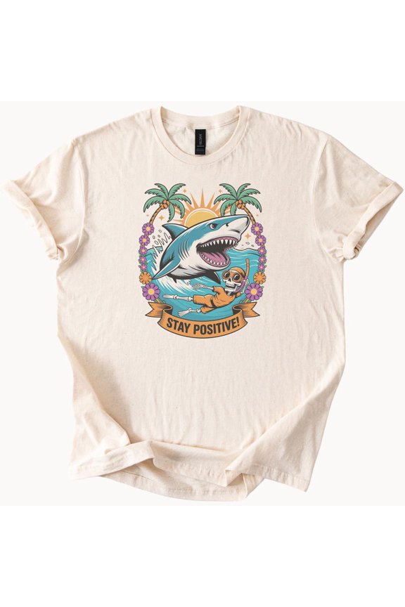 Tee With Funny Shark Attack Snorkel Skeleton Beach Shirt With Stay Positive Text Tropical Summer Graphic Tee Birthday Gifts; For Men & Women