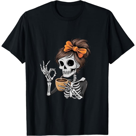 Kiraa Tee With Funny Spooky Season Skeleton Messy Bun Coffee Lover Unisex S-5Xl T-Shirt