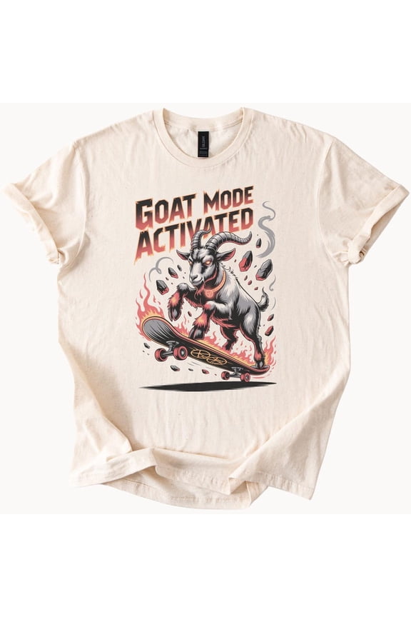 Tee With Goat Mode Activated Skateboard Tshirt Rad Animal Graphic Tee Cool Skateboarding Shirt Birthday Gifts; For Men & Women