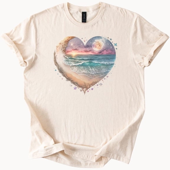 Kiraa Tee With Heart Beach Sunset Moon T Shirt Natural Cotton Coastal Ocean Tee Birthday Gifts; For Men & Women