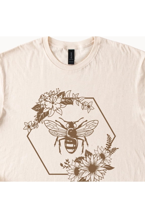 Tee With Honey Bee Shirt Floral Hexagon Tshirt Natural Cotton Graphic Tee Boho Beige Birthday Gifts; For Men & Women