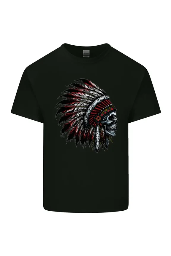 Tee With Indian Skull Headdress Biker Motorcycle Mens Womens Light Cotton T-Shirt