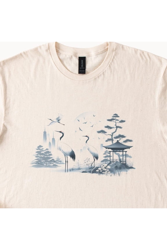 Tee With Japanese Crane Shirt Pagoda Art T Shirt Natural Beige Color Cotton Tee Asian Bird Graphic Top Birthday Gifts; For Men & Women