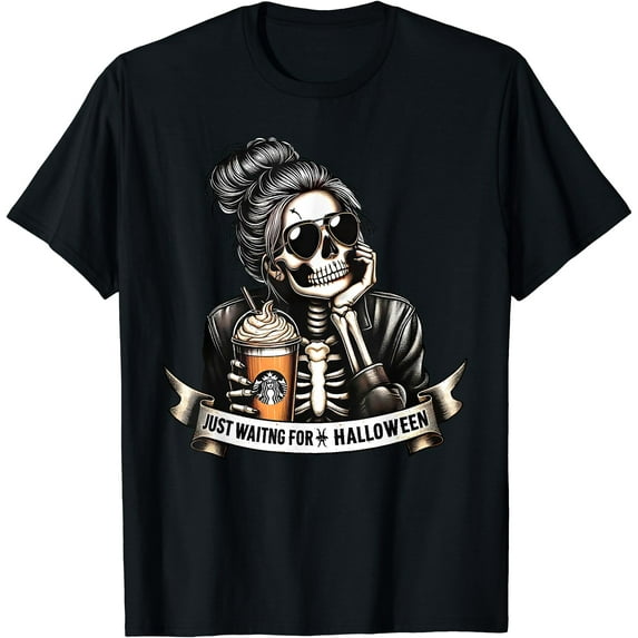 Kiraa Tee With Just Waiting For Halowen Spooky Season Skeleton Coffee Unisex S-5Xl T-Shirt