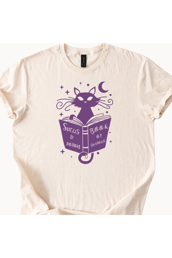 Tee With Mystic Cat Reading Spell Book Tshirt Witchy Book Of Shadows Tee Cotton Natural Birthday Gifts; For Men & Women