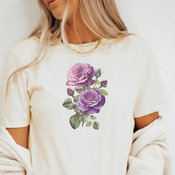 Kiraa Tee With Purple Roses T Shirt Floral Graphic Tee Botanical Shirt Birthday Gifts; For Men & Women