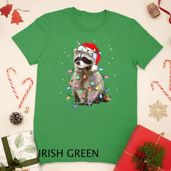 Kiraa Tee With Raccoon Christmas Tree Lights Pajama Racoon Lover Xmas Unisex T-Shirt