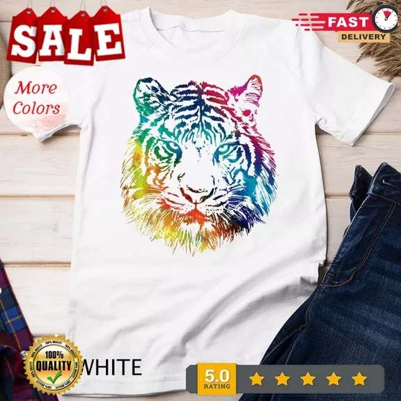 Kiraa Tee With Rainbow Tiger Graphic Animal Lover Unisex T-Shirt Birthday Gifts; For Men & Women