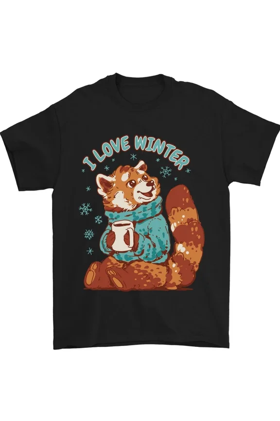 Tee With Red Panda Bear I Love Winter Mens Womens S-5Xl T-Shirt