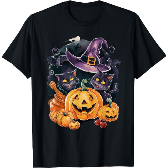 Kiraa Tee With Retro Black Cat Pumpkin Bats Autumn Halowen Party Unisex S-5Xl T-Shirt