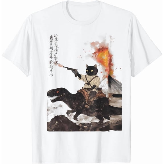 Kiraa Tee With Retro Calligraphy Cat Dinosaur Volcanic Eruption Art Print T-Shirt Birthday Gifts; For Men & Women