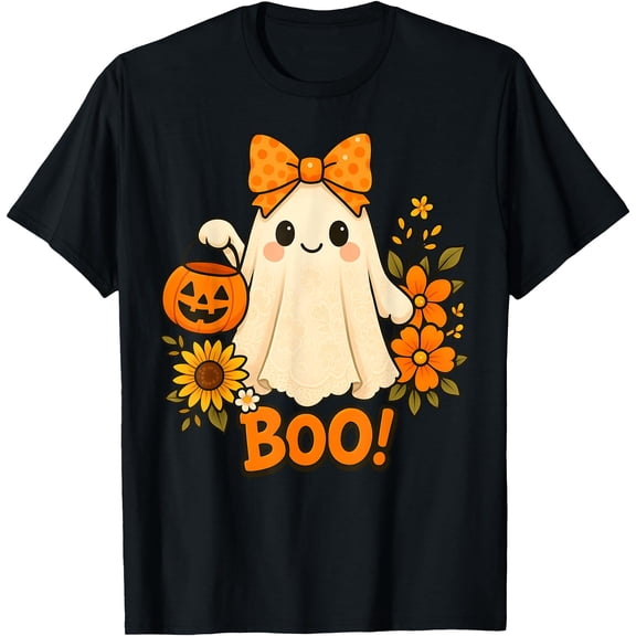 Kiraa Tee With Retro Floral Boo Ghost Pumpkin Bow Halowen Unisex S-5Xl T-Shirt