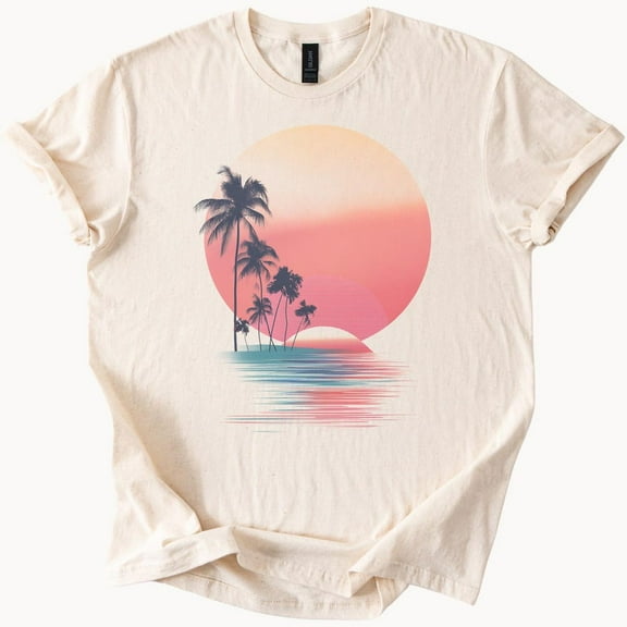 Kiraa Tee With Retro Sunset Palm Trees Surfer Graphic Tee Beach Vibes Tshirt Birthday Gifts; For Men & Women