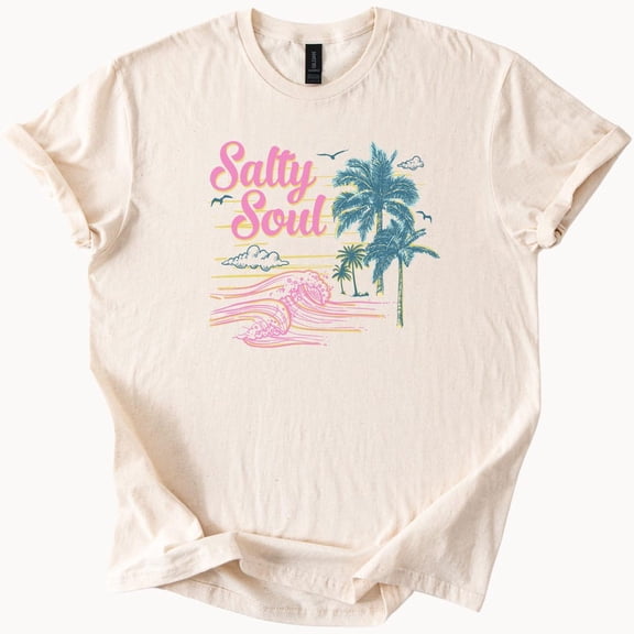 Kiraa Tee With Salty Soul Tshirt Beach Palm Trees Ocean Waves Graphic Tee Summer Vacation Shirt Birthday Gifts; For Men & Women