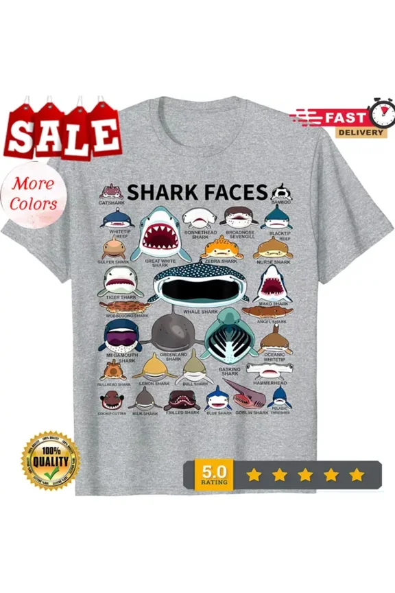 Tee With Shark Faces Type Of Shark Shark Faces Of All Kinds Unisex T-Shirt Birthday Gifts; For Men & Women