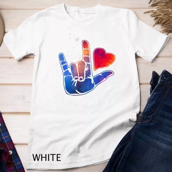 Kiraa Tee With Sign Language I Love You T Shirt Space Stars Heart Tee Gift Unisex S-5Xl T-Shirt Birthday Gifts; For Men & Women