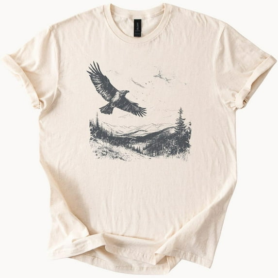 Kiraa Tee With Soaring Eagle Mountain Scene Graphic Tee Nature Lover Shirt Bird Watcher Gift Outdoor Adventure Top Birthday Gifts; For Men & Women