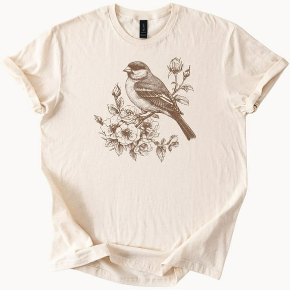Kiraa Tee With Sparrow And Roses Graphic Tee Bird Lover Shirt Floral Sketch Tshirt Nature Inspired Clothing Birthday Gifts; For Men & Women