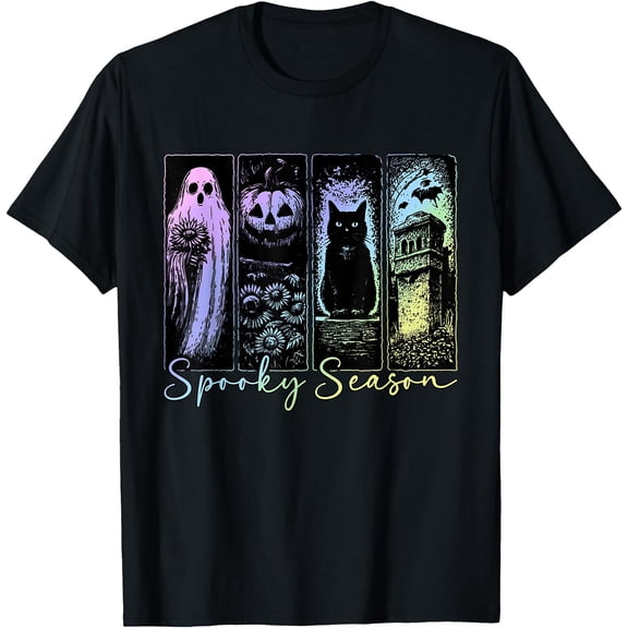 Kiraa Tee With Spooky Season Cute Retro Ghost Pumpkin Cat Halowen Unisex S-5Xl T-Shirt
