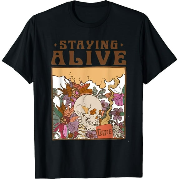 Kiraa Tee With Staying Alive Floral Skeleton Coffee Halowen Funny