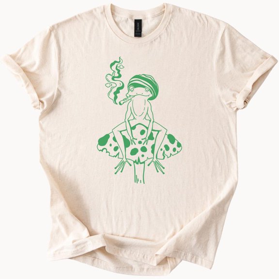 Kiraa Tee With Stoned Frog Smoking Joint On Mushroom Funny Graphic Tee Trippy Toad T Shirt Birthday Gifts; For Men & Women