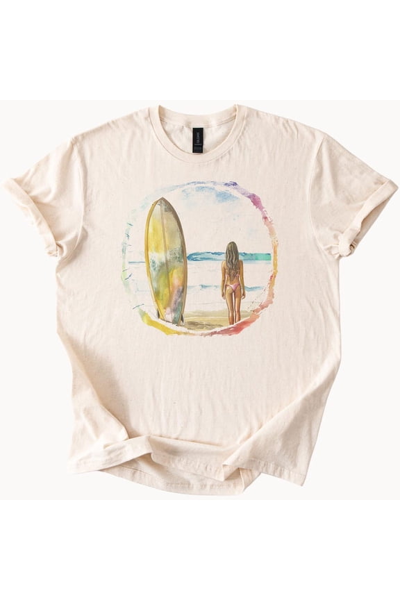 Tee With Surfer Girl T-Shirt Beach Vibes Watercolor Surfboard Tee Women'S Summer Top Birthday Gifts; For Men & Women