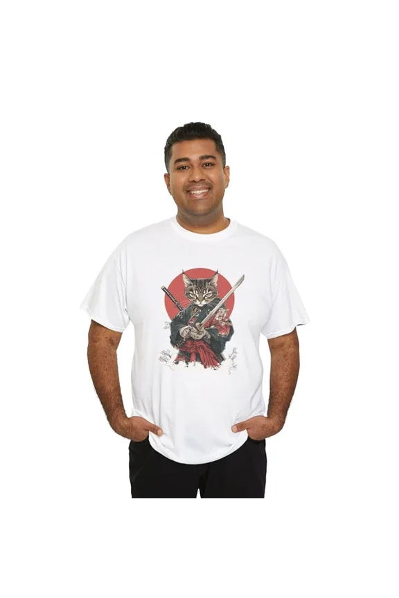 Tee With Tattooed Cat Samurai Japanese T-Shirt S-5Xl | Cat Samurai Shirt Birthday Gifts; For Men & Women