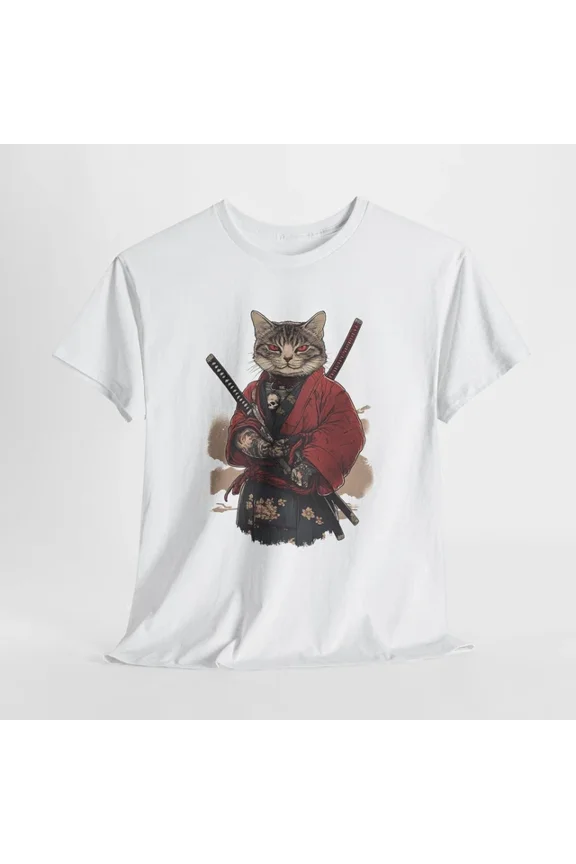 Tee With Tattooed Cat Samurai T-Shirt S-5Xl | Japanese Cat Samurai Shirt Birthday Gifts; For Men & Women