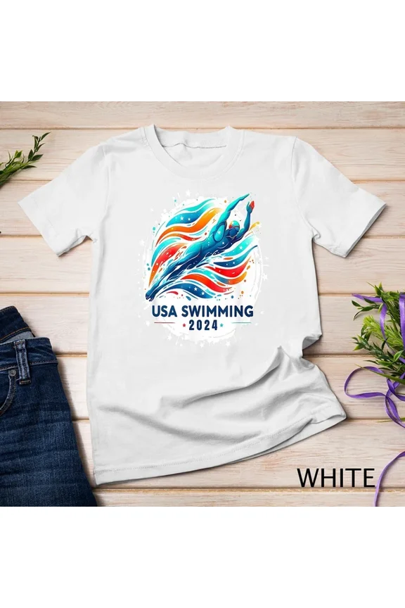 Tee With Usa 2024 United States American Sport 2024 Swimming Unisex S-5Xl T-Shirt Birthday Gifts; For Men & Women