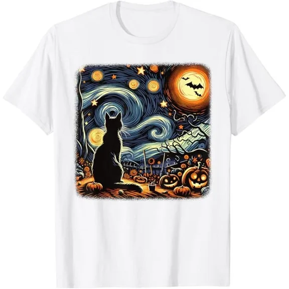 Kiraa Tee With Van Gogh Starry Night Black Cat Pumpkins Bats Unisex S-5Xl T-Shirt Birthday Gifts; For Men & Women