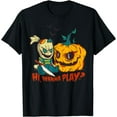 thumbnail image 1 of Kiraa Tee With Wanna Play? Spooky Doll Chucky Halowen Pumpkin Carved Face Unisex S-5Xl T-Shirt, 1 of 2