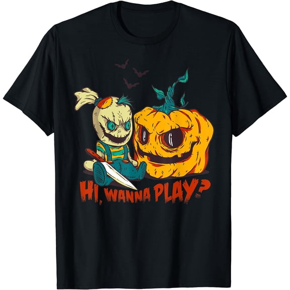 Kiraa Tee With Wanna Play? Spooky Doll Chucky Halowen Pumpkin Carved Face Unisex S-5Xl T-Shirt