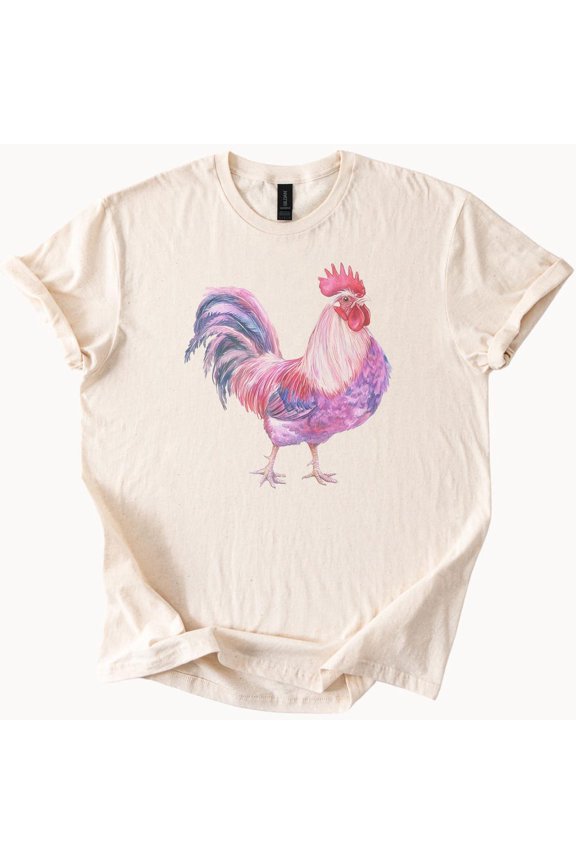Tee With Watercolor Rooster T Shirt Farm Animal Tee Colorful Chicken Graphic Top Birthday Gifts; For Men & Women