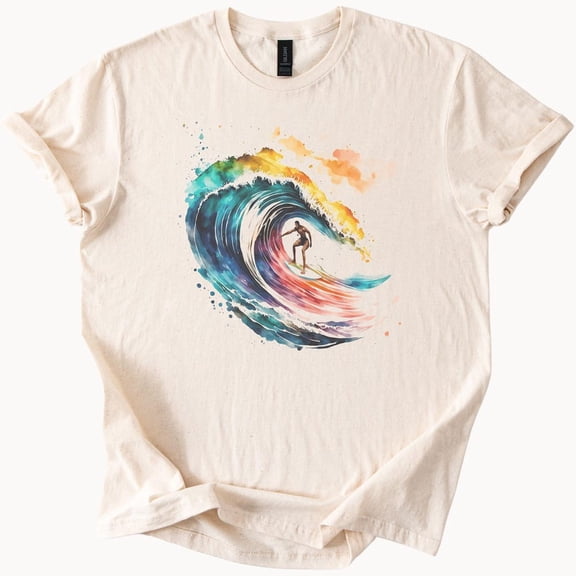 Kiraa Tee With Watercolor Wave Surfer T-Shirt Ocean Ride Graphic Tee Surfing Lover Gift Beach Vibes Top Birthday Gifts; For Men & Women